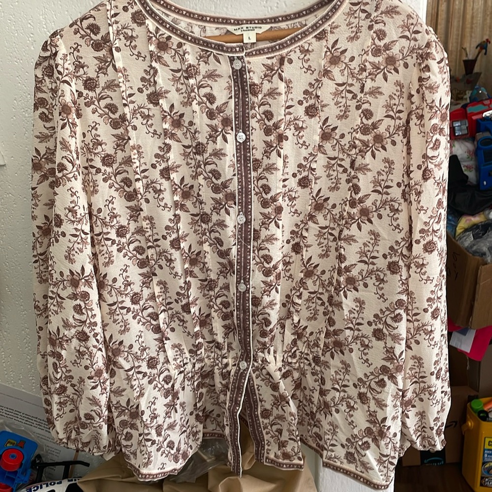 Max Studio Bishop Sleeve Boho Prairie Pleasant Women Blouse Size L. NWOT